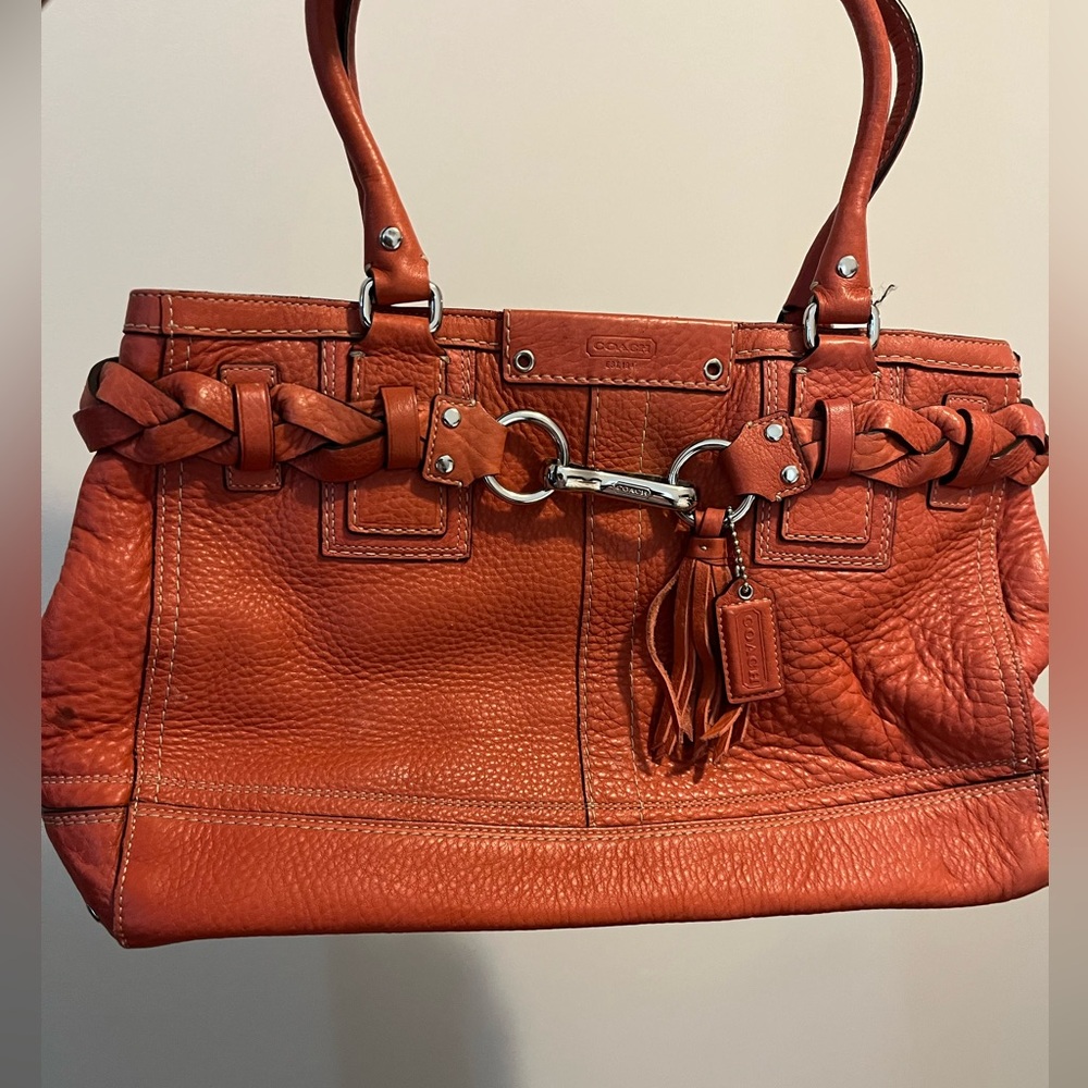 Coach Coral Pebbled Leather braided handle Hamilton Satchel Bag
